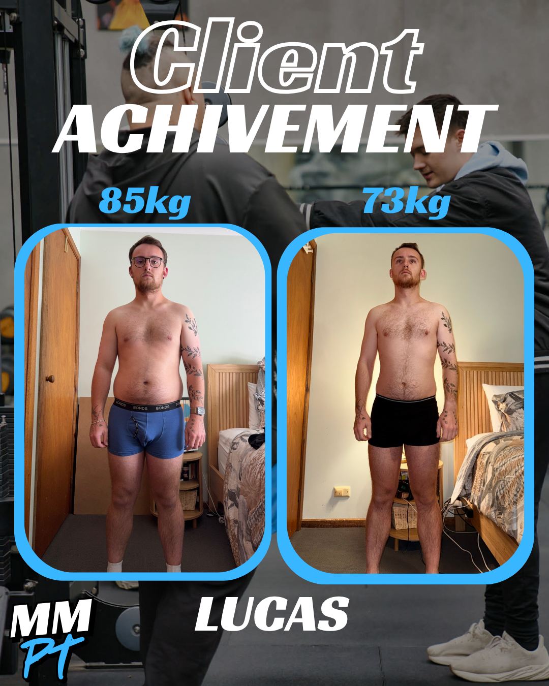 Lucas Boland transformation, front view, 85kg to 73kg