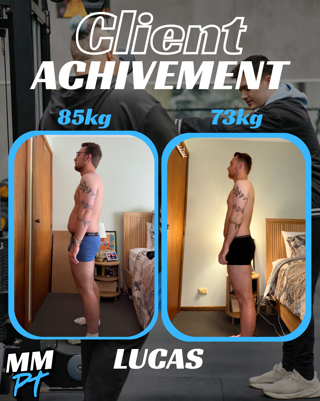 Lucas Boland transformation, side view, 85kg to 73kg